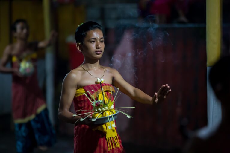 A young men performing pendet dance in Bungaya, East Bali, Indonesia